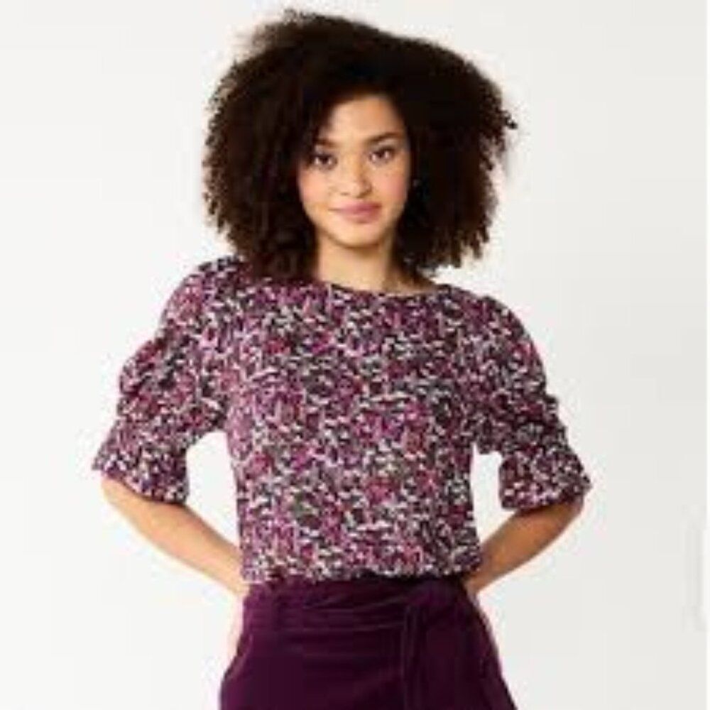 DRAPER JAMES RSVP Womens Cropped Ruffled Top Plum Multi Floral Size Medium